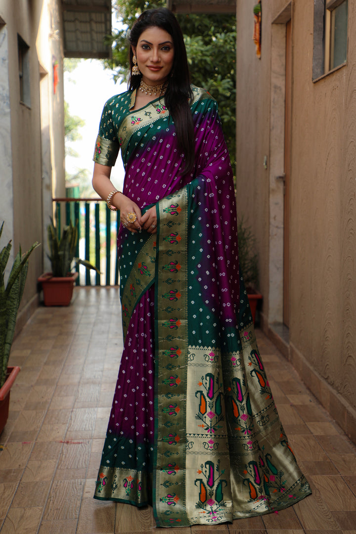 Purple Chandani Dola Soft Silk Bandhej Sarees Jari Paithani Weaving Border & Weaving Paithani Style Rich Pallu