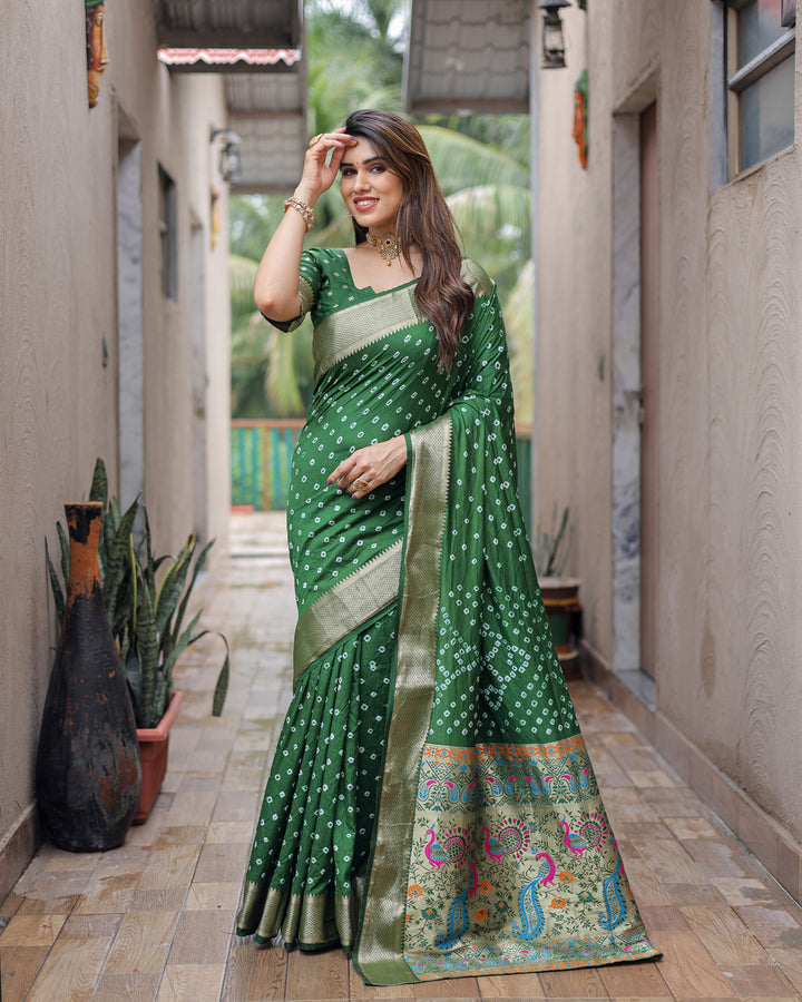 Green Yashomati Dola Soft Silk Bandhej Sarees With Awesome Two Sides Jari Border &  Paithani Style Rich Pallu