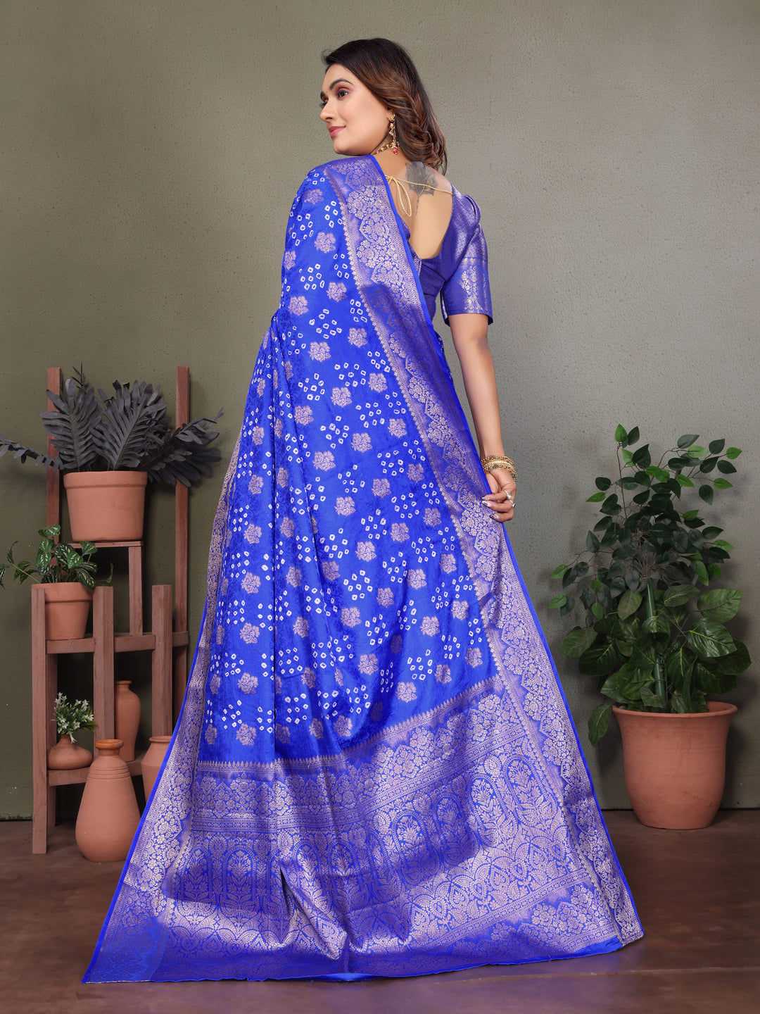 Blue Shakuntala Bandhej Silk Saree With Zari Weaving Butta & Zari Rich Pallu With Beautiful Design & Broad Border