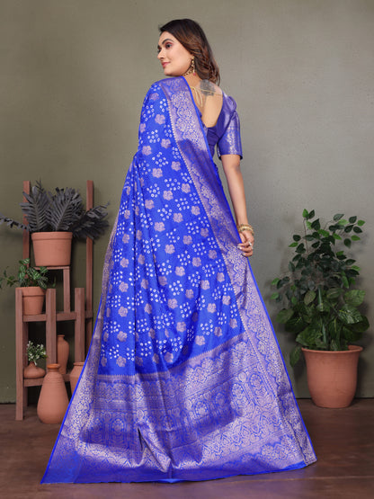 Blue Shakuntala Bandhej Silk Saree With Zari Weaving Butta & Zari Rich Pallu With Beautiful Design & Broad Border