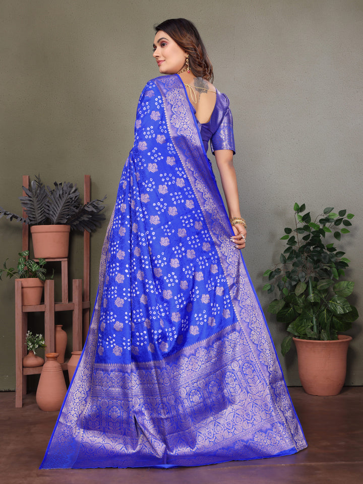 Blue Shakuntala Bandhej Silk Saree With Zari Weaving Butta & Zari Rich Pallu With Beautiful Design & Broad Border