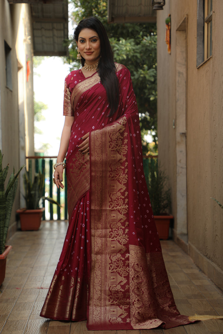 Wine Suvarna-3 Bandhej Kanjivaram silk saree And Kanjivaram Border with Zari Weaving Rich Pallu
