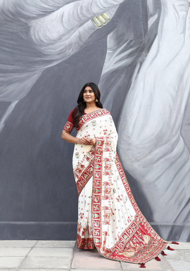 Off White Marron Colour Mahi Patel Embroiderd Panter Patola Saree For Special Occasion