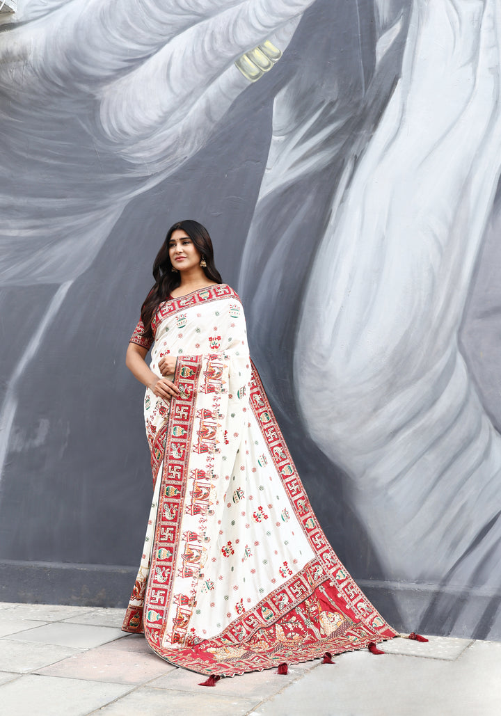 Off White Marron Colour Mahi Patel Embroiderd Panter Patola Saree For Special Occasion
