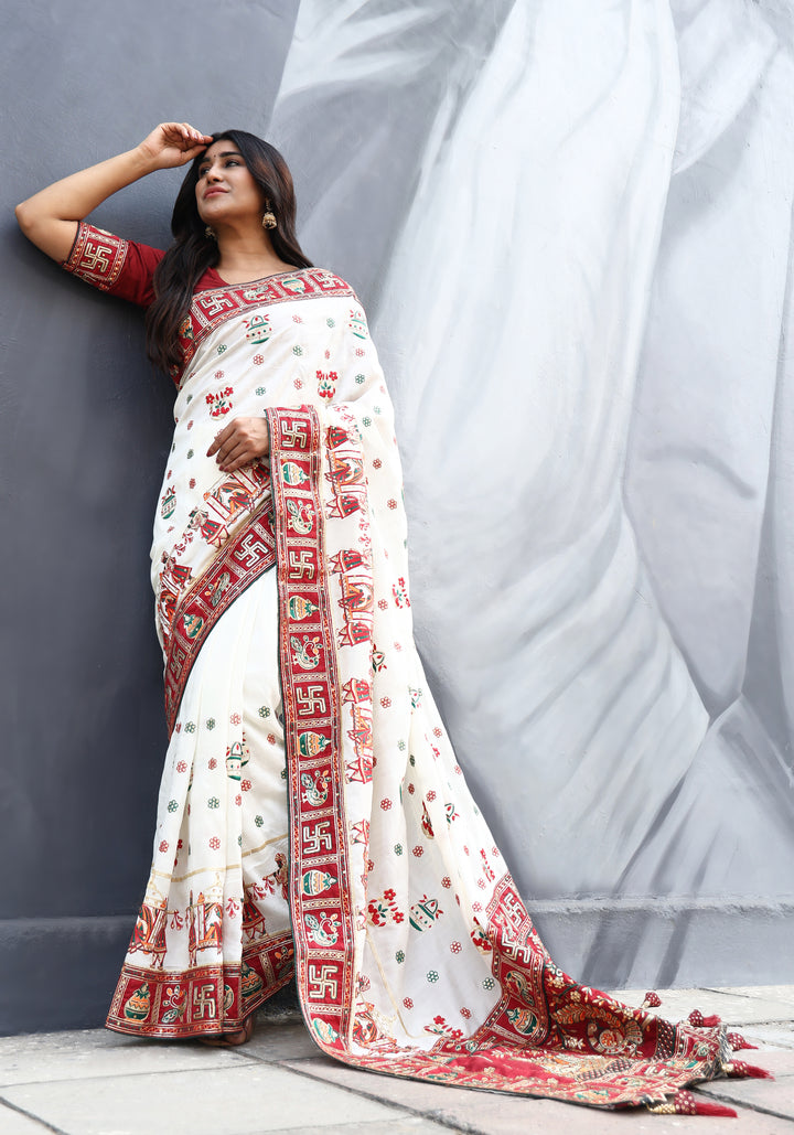Off White Marron Colour Mahi Patel Embroiderd Panter Patola Saree For Special Occasion