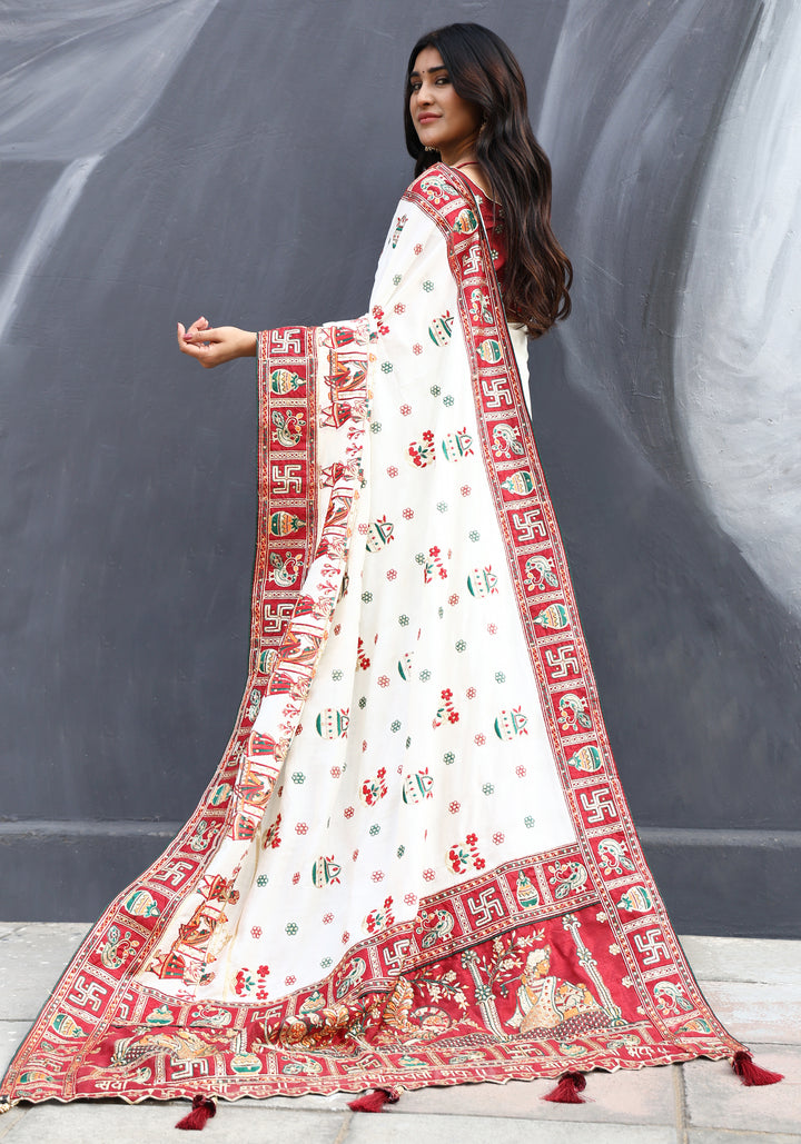 Off White Marron Colour Mahi Patel Embroiderd Panter Patola Saree For Special Occasion