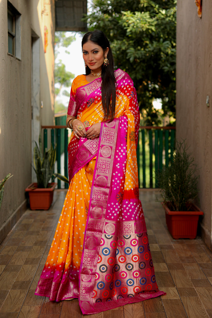 Yellow-Pink Ishani Pure Bandhej Silk Saree Minakari Weaving Butta With Zari