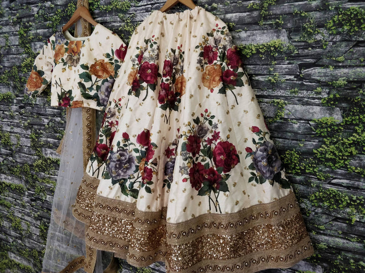 Cream Color Art Silk Sequins Embroidered Border and Pearl work Lehenga Choli