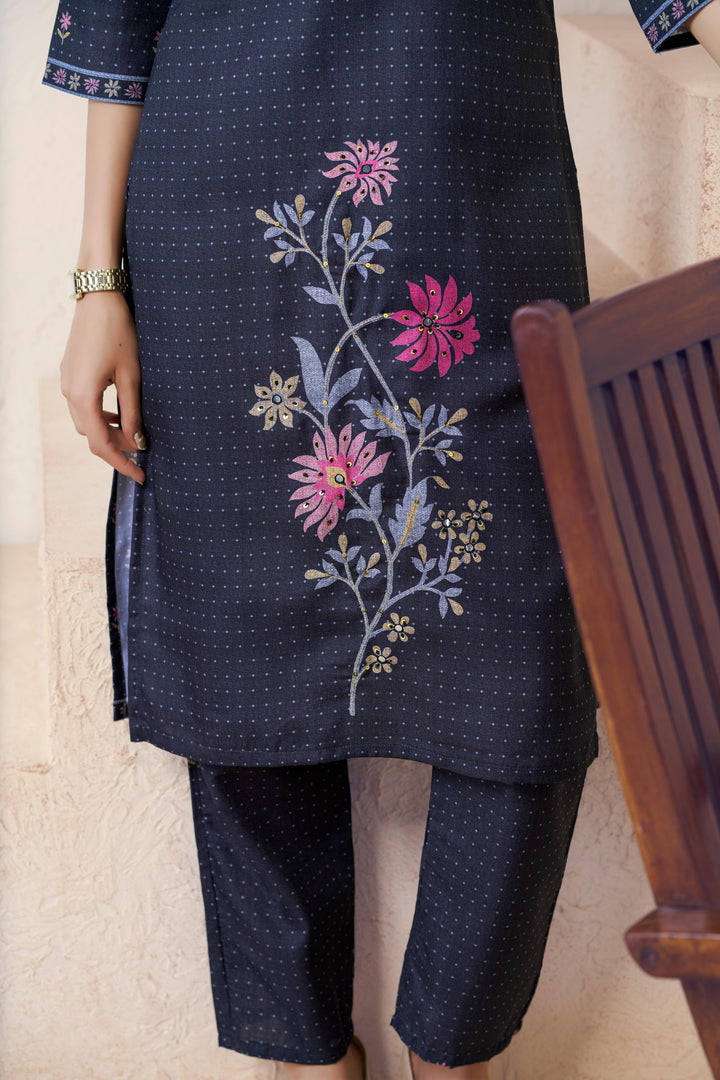 Navy Blue Color Cotton Lilen With Print And Embroidery Work Kurti