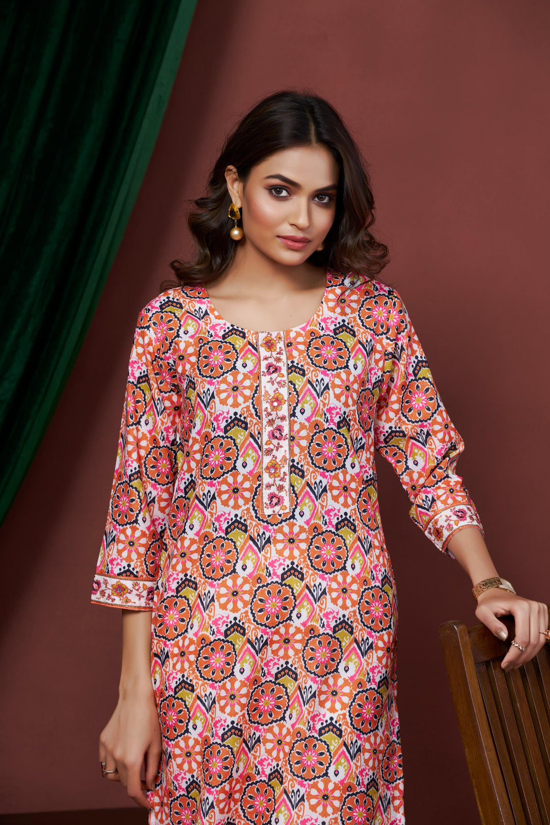 Peach Color Cotton Lilen With Print And Embroidery Work Kurti