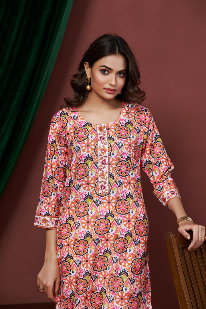 Peach Color Cotton Lilen With Print And Embroidery Work Kurti
