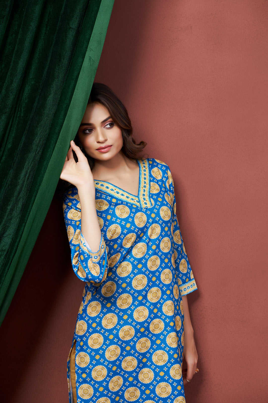 Blue Color Cotton Lilen With Print And Embroidery Work Kurti