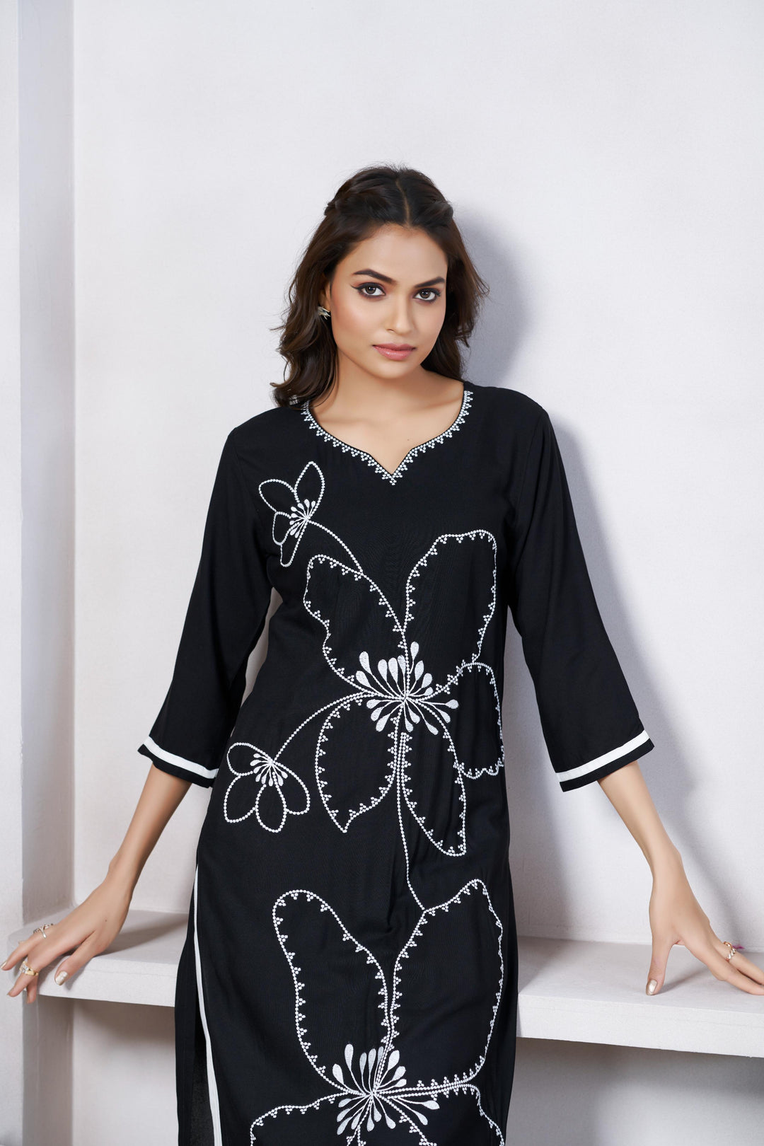 Black Color Cotton Lilen With Print And Embroidery Work Kurti