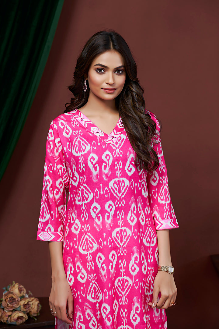 Pink Color Cotton Lilen With Print And Embroidery Work Kurti