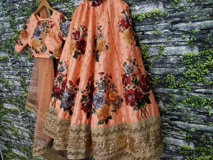 Peach Color Art Silk Sequins Embroidered Border and Pearl work Lehenga Choli