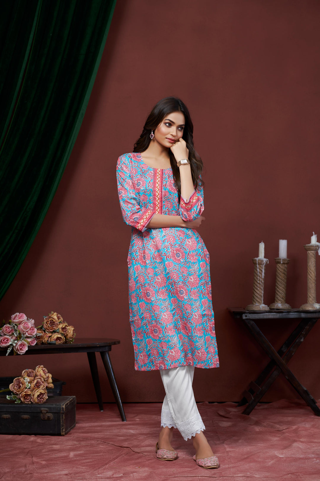 Blue And Pink Color Cotton Lilen With Print And Embroidery Work Kurti