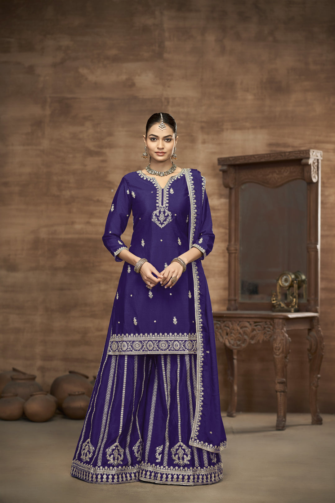 Purple Color Chinnon With Embroidery And Sequins Work Top And Plazo