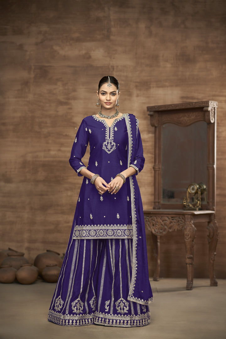 Purple Color Chinnon With Embroidery And Sequins Work Top And Plazo