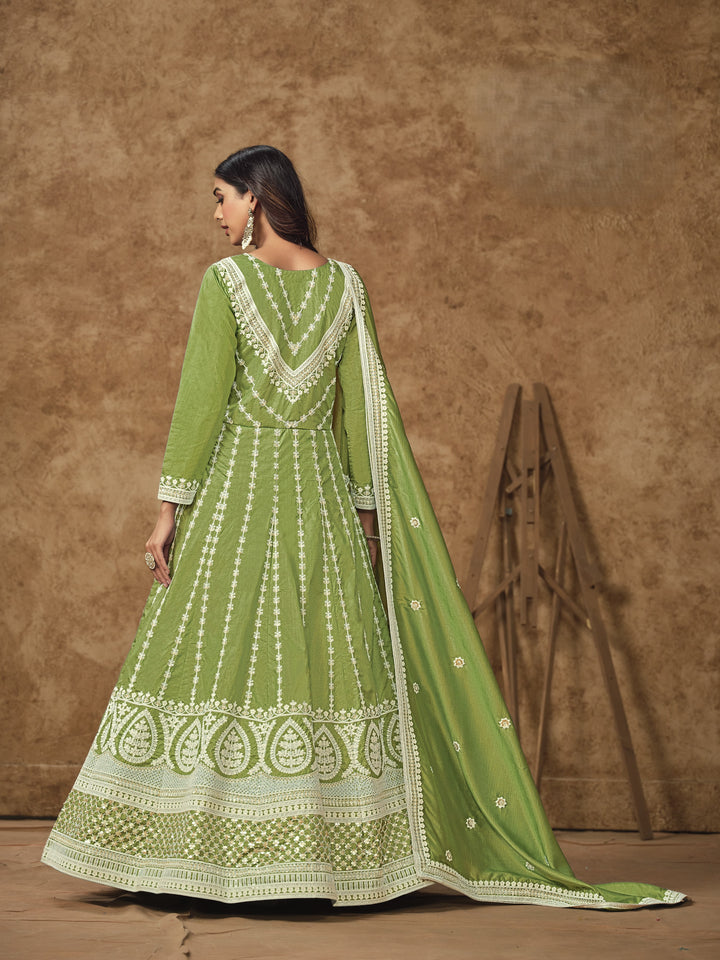 Green Color Dolla Silk With Embroidery And Sequins Work Anarkali Dress