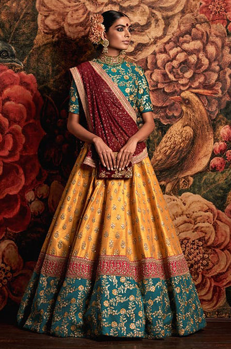 Yellow-Green Color Banarasi Silk Embroidered Sequins Lehenga Choli