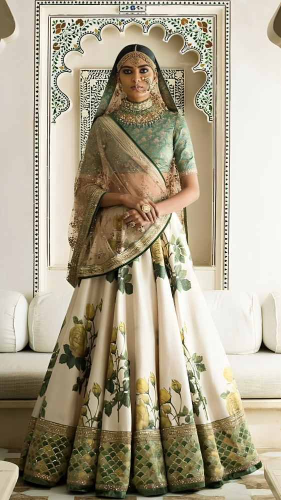 White-Green Color Art Silk Embroidered And Sequins Lehenga Choli
