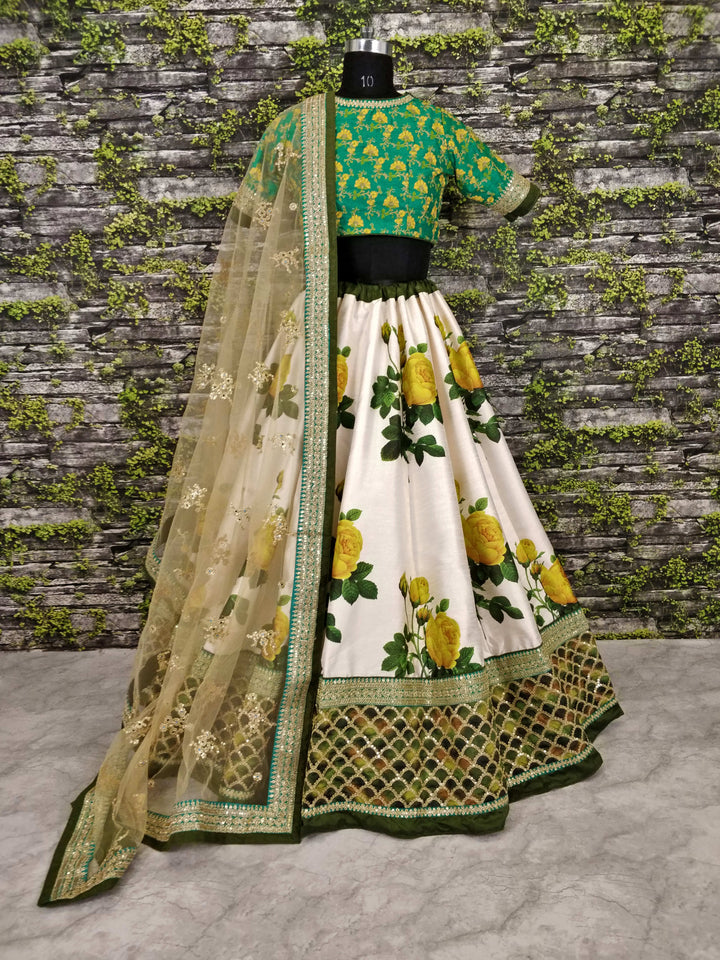 White-Green Color Art Silk Embroidered And Sequins Lehenga Choli