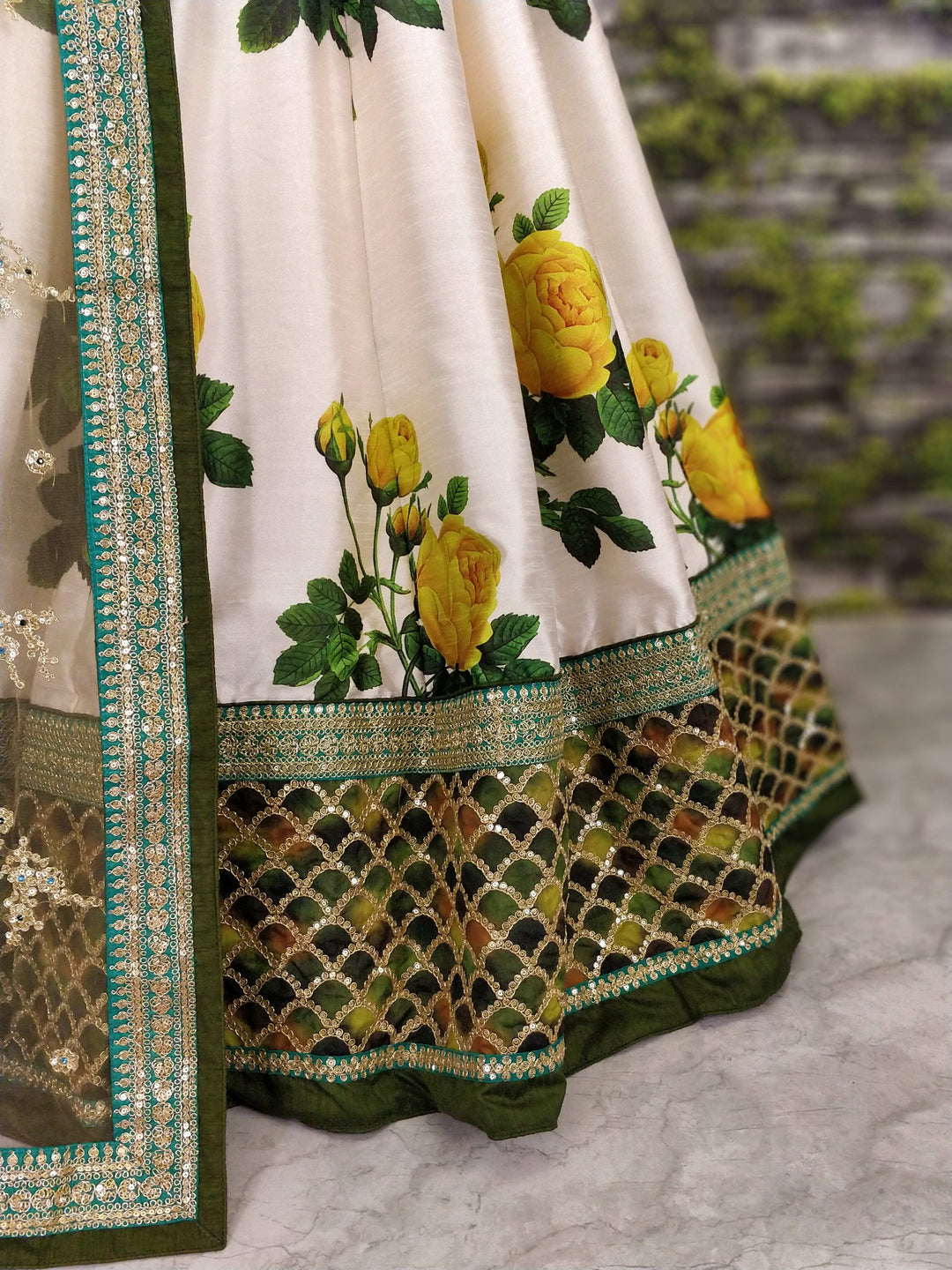 White-Green Color Art Silk Embroidered And Sequins Lehenga Choli