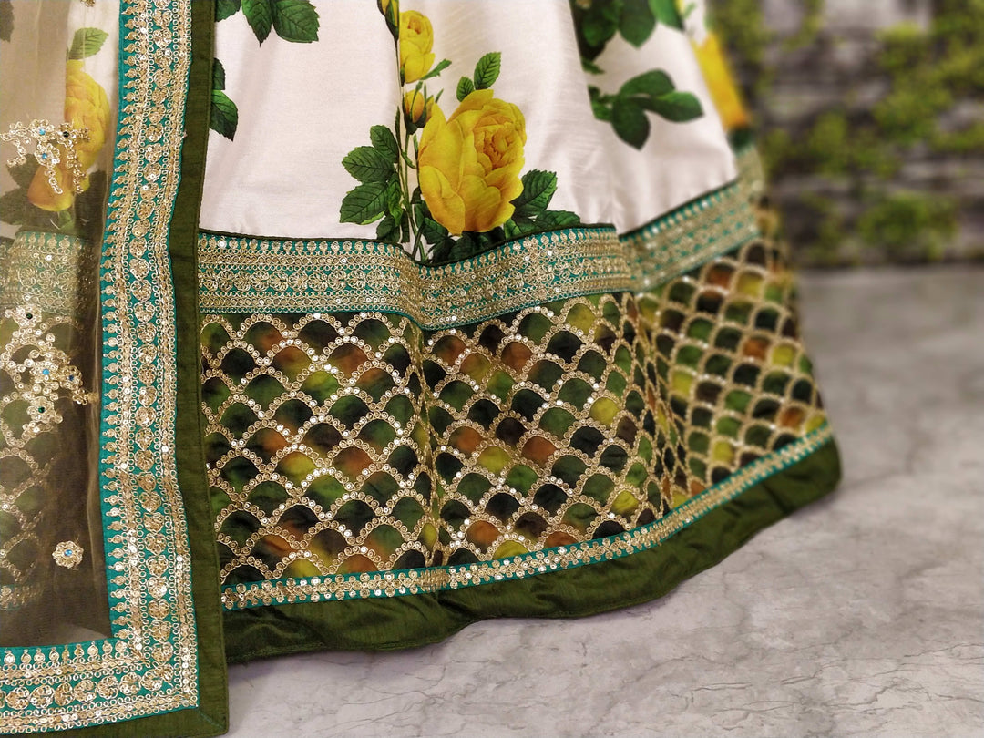 White-Green Color Art Silk Embroidered And Sequins Lehenga Choli