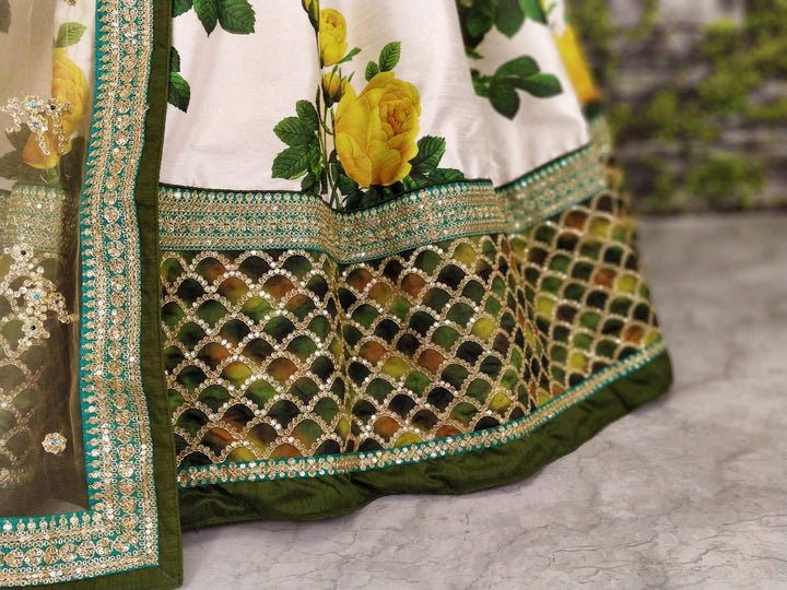 White-Green Color Art Silk Embroidered And Sequins Lehenga Choli