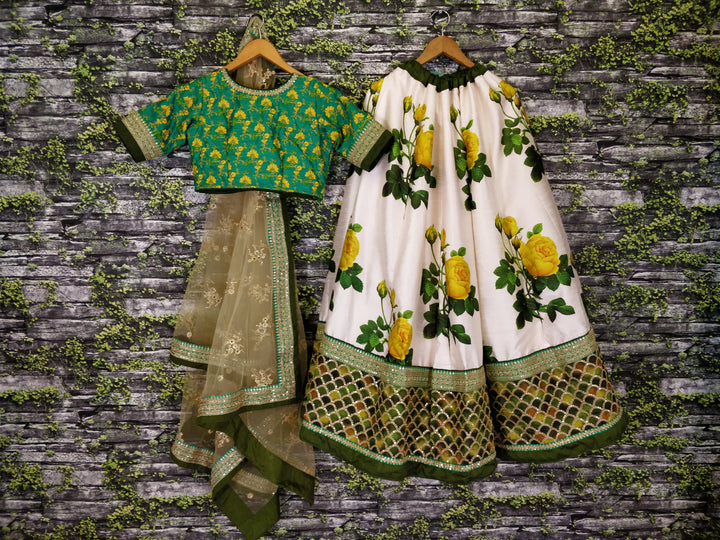 White-Green Color Art Silk Embroidered And Sequins Lehenga Choli