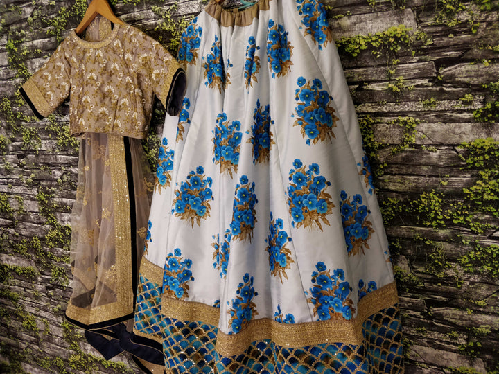 White-Blue Color Art Silk Embroidered And Sequins Lehenga Choli