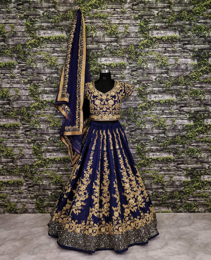 Navy Blue Color Raw Silk With Dori And Sequins Work Lehenga Choli