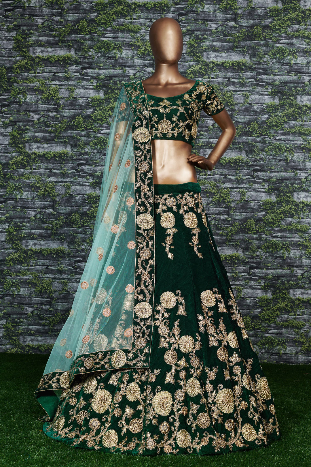 Green Color Silk Velvet With Dori, Badla & Sequins Embroidered Work Lehenga Choli
