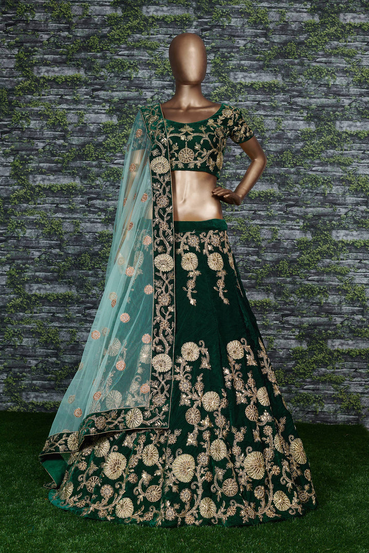 Green Color Silk Velvet With Dori, Badla & Sequins Embroidered Work Lehenga Choli