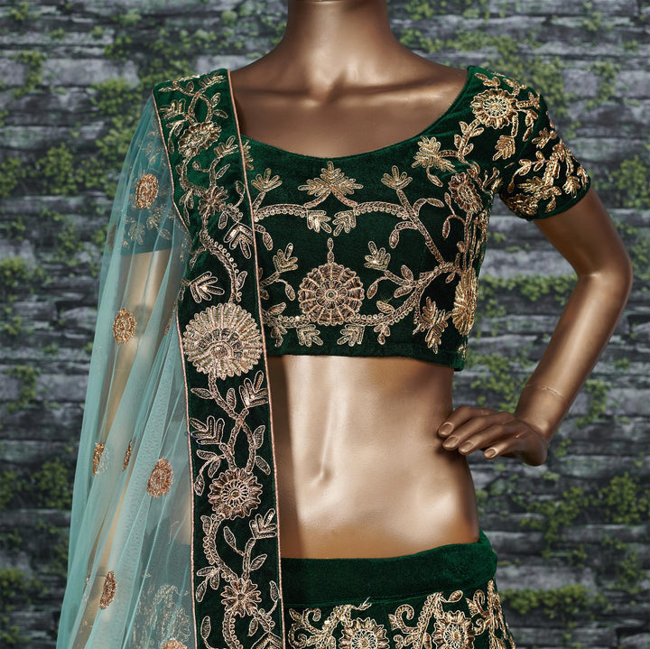Green Color Silk Velvet With Dori, Badla & Sequins Embroidered Work Lehenga Choli