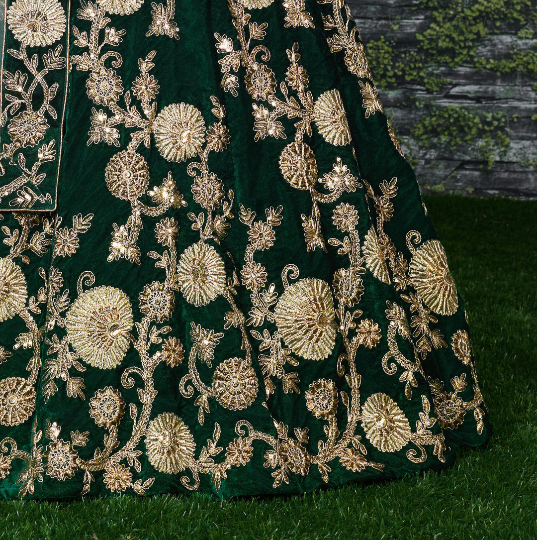 Green Color Silk Velvet With Dori, Badla & Sequins Embroidered Work Lehenga Choli