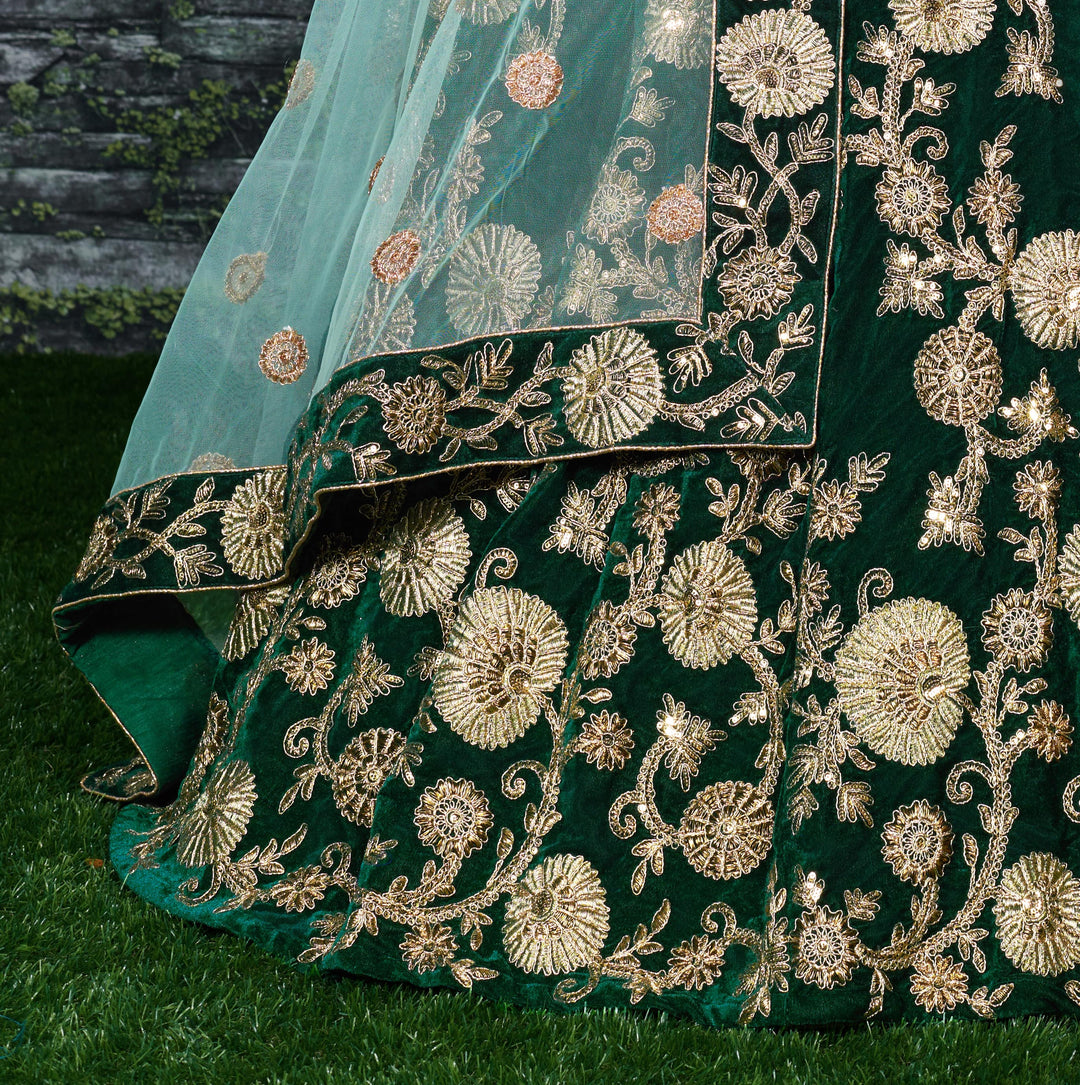 Green Color Silk Velvet With Dori, Badla & Sequins Embroidered Work Lehenga Choli