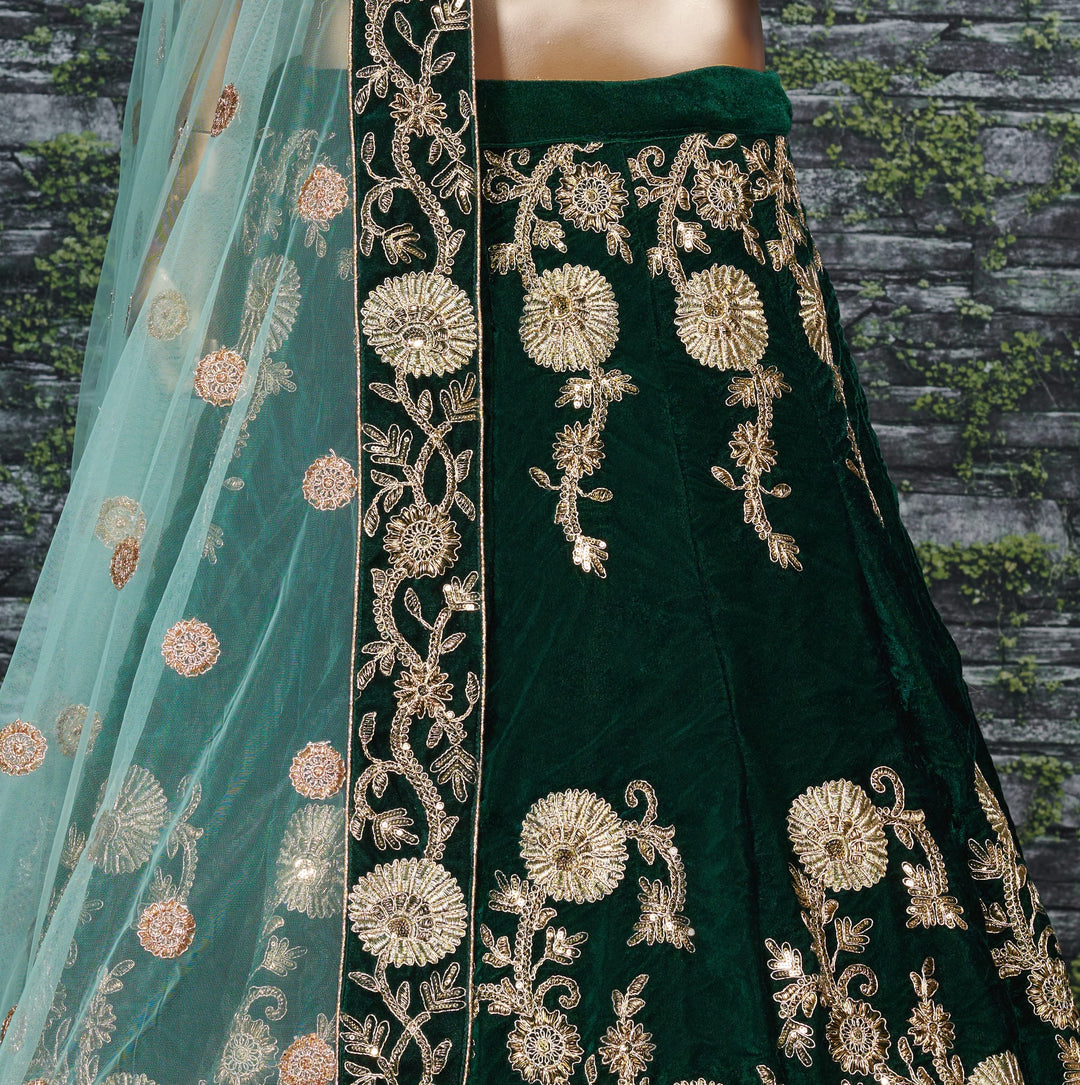Green Color Silk Velvet With Dori, Badla & Sequins Embroidered Work Lehenga Choli