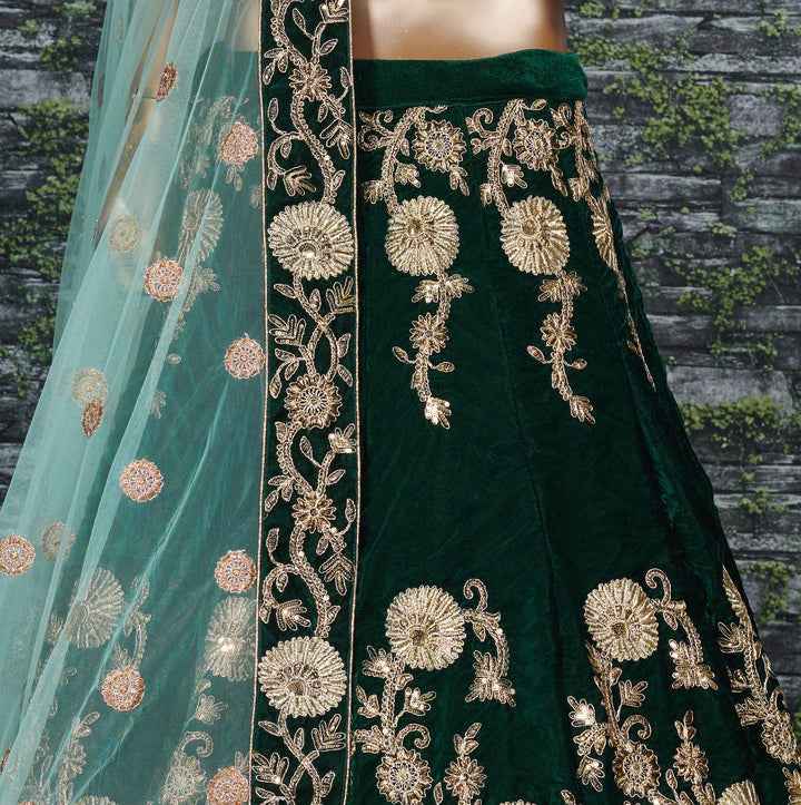 Green Color Silk Velvet With Dori, Badla & Sequins Embroidered Work Lehenga Choli