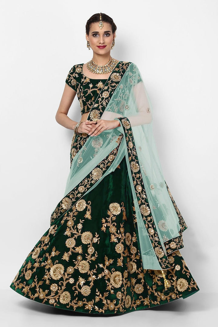 Green Color Silk Velvet With Dori, Badla & Sequins Embroidered Work Lehenga Choli