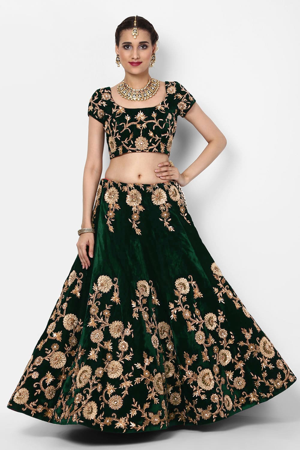 Green Color Silk Velvet With Dori, Badla & Sequins Embroidered Work Lehenga Choli