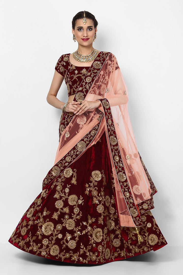 Maroon Color Silk Velvet With Dori, Badla & Sequins Embroidered Work Lehenga Choli