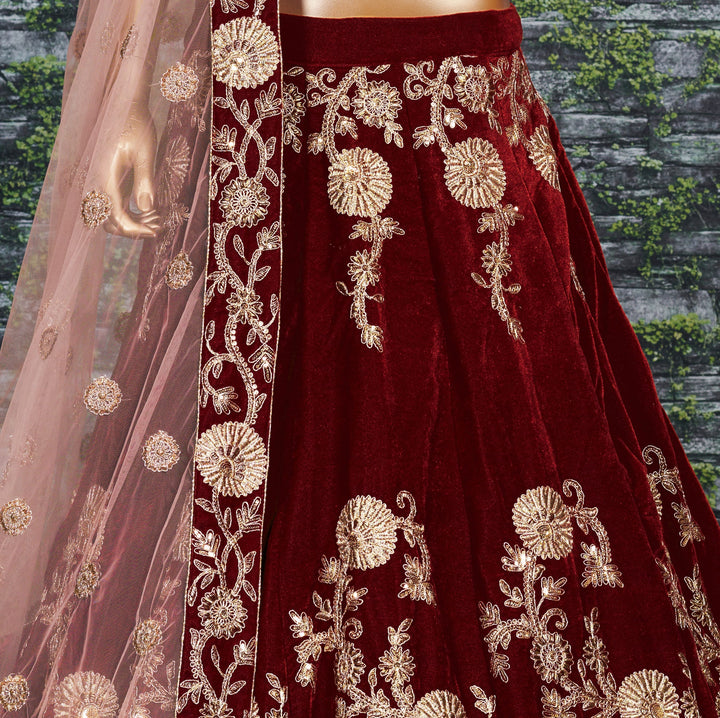 Maroon Color Silk Velvet With Dori, Badla & Sequins Embroidered Work Lehenga Choli