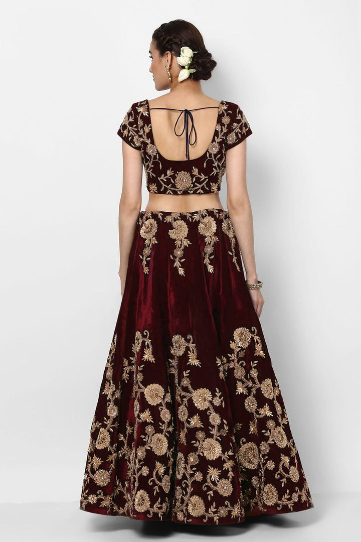Maroon Color Silk Velvet With Dori, Badla & Sequins Embroidered Work Lehenga Choli