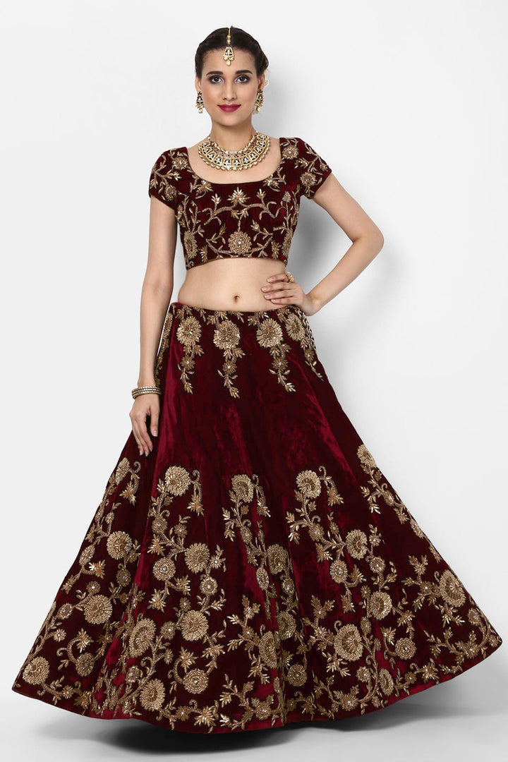 Maroon Color Silk Velvet With Dori, Badla & Sequins Embroidered Work Lehenga Choli