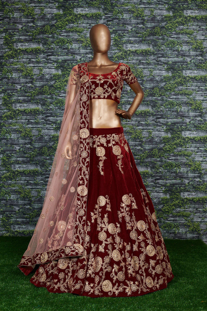 Maroon Color Silk Velvet With Dori, Badla & Sequins Embroidered Work Lehenga Choli