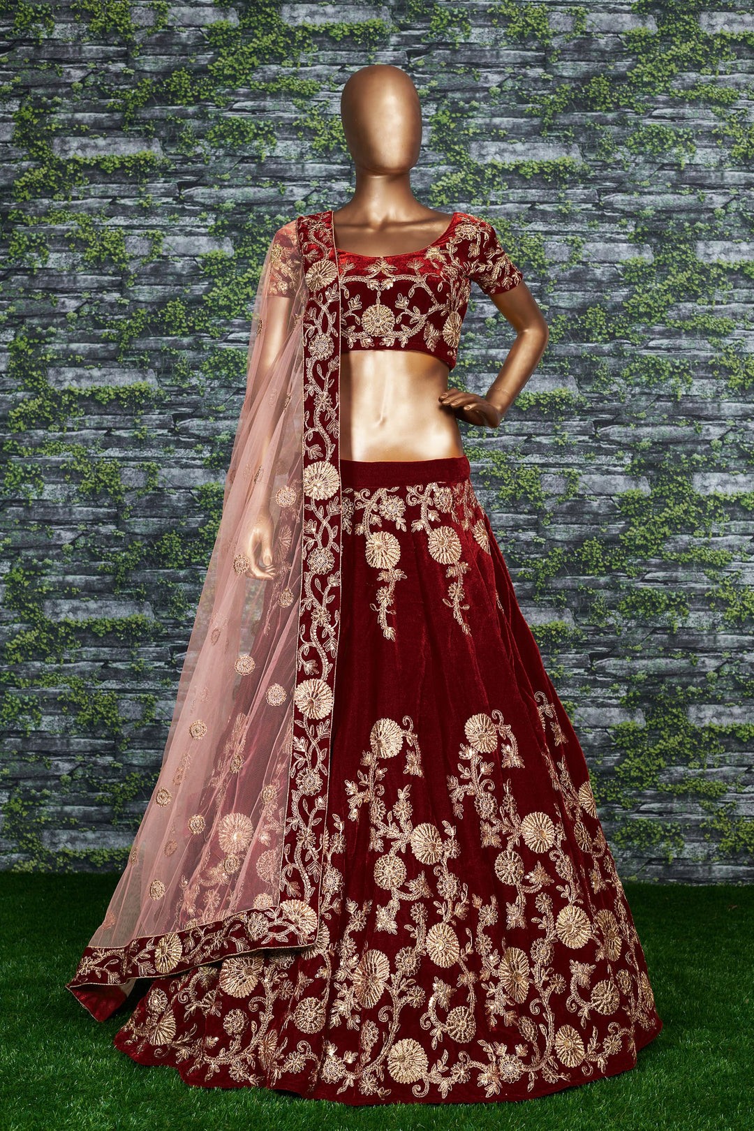 Maroon Color Silk Velvet With Dori, Badla & Sequins Embroidered Work Lehenga Choli