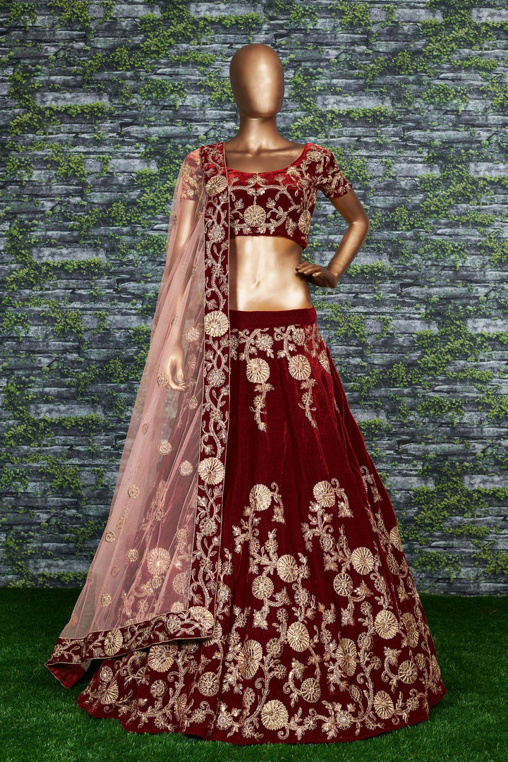 Maroon Color Silk Velvet With Dori, Badla & Sequins Embroidered Work Lehenga Choli