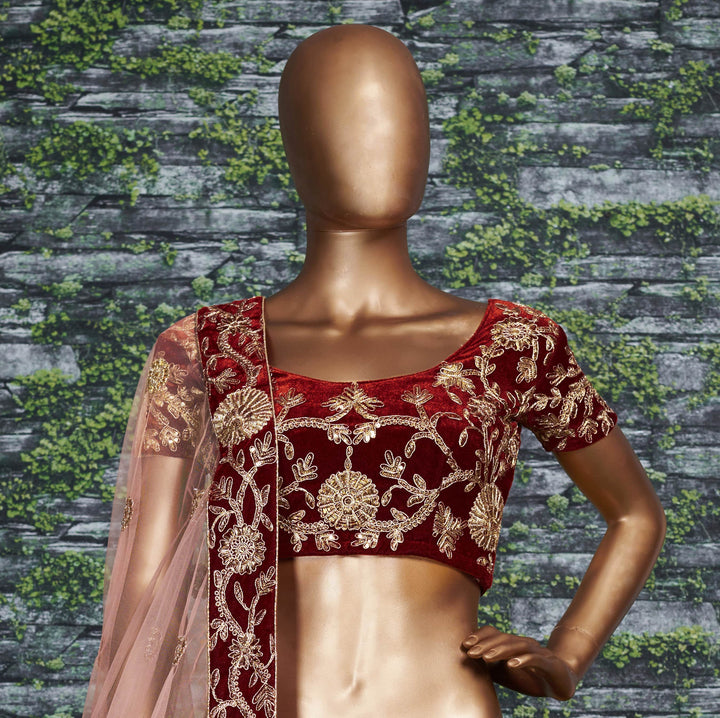 Maroon Color Silk Velvet With Dori, Badla & Sequins Embroidered Work Lehenga Choli