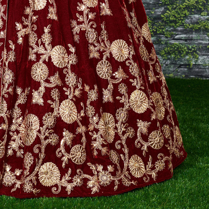 Maroon Color Silk Velvet With Dori, Badla & Sequins Embroidered Work Lehenga Choli